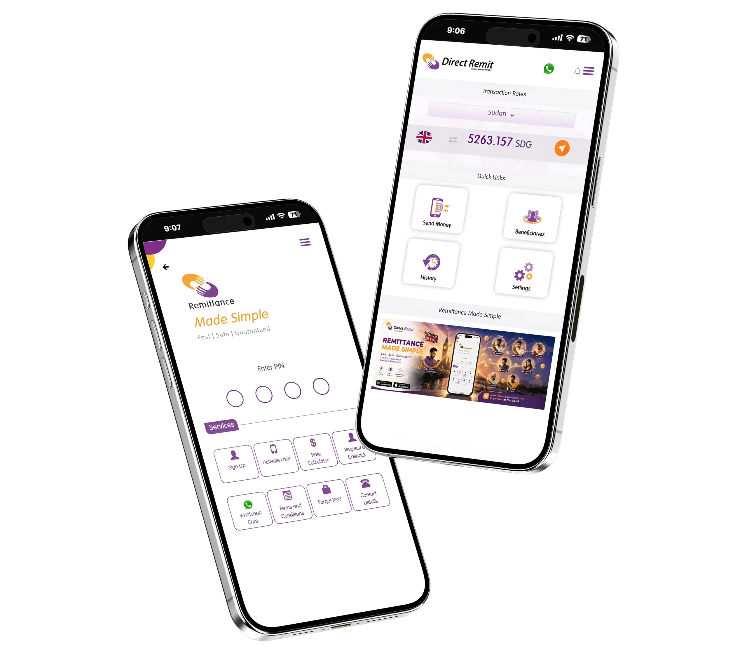 Direct Remit app rates screen
